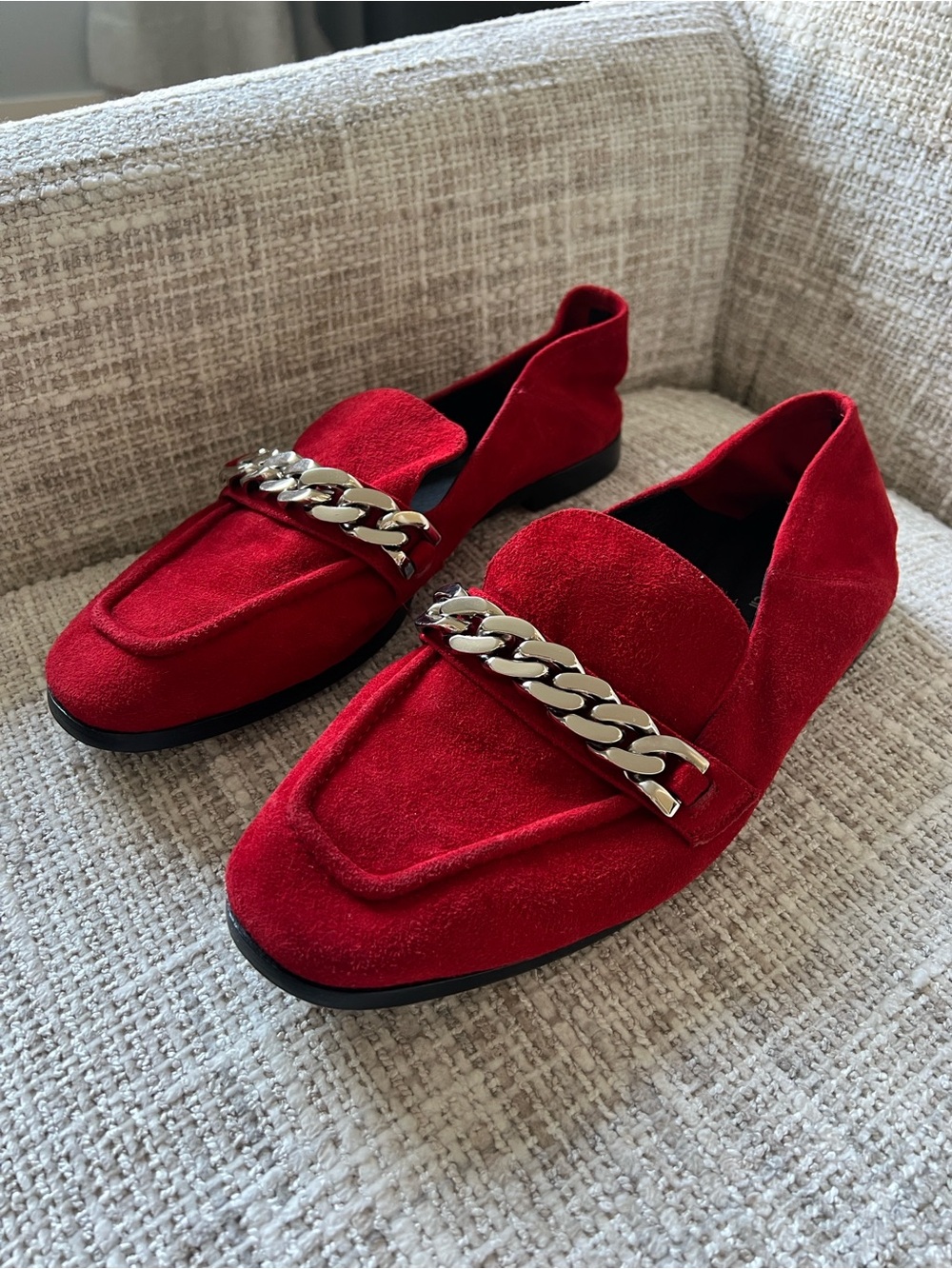 Jeffrey Campbell Red Suede Loafers with Silver Chain